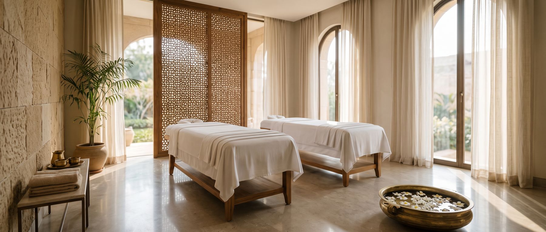 A calm Shaakya therapy room with two beds